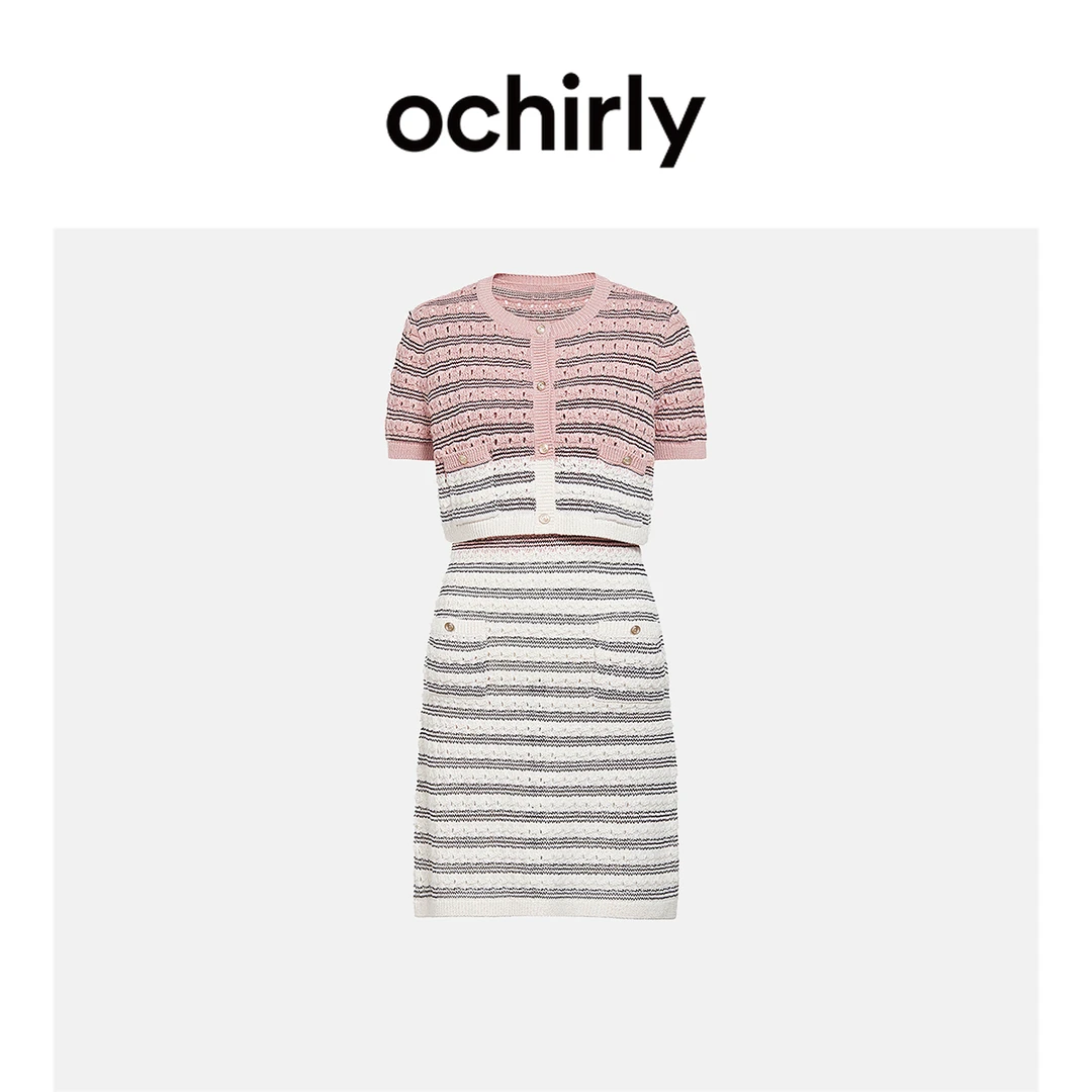 条纹裙套装女 ochirly欧时力针织连衣裙新款夏装撞色镂空透气