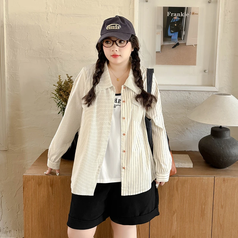 DC7160大码女装【甜盐系简约衬衫】夏季胖mm粗细条纹设计感休闲衬衣