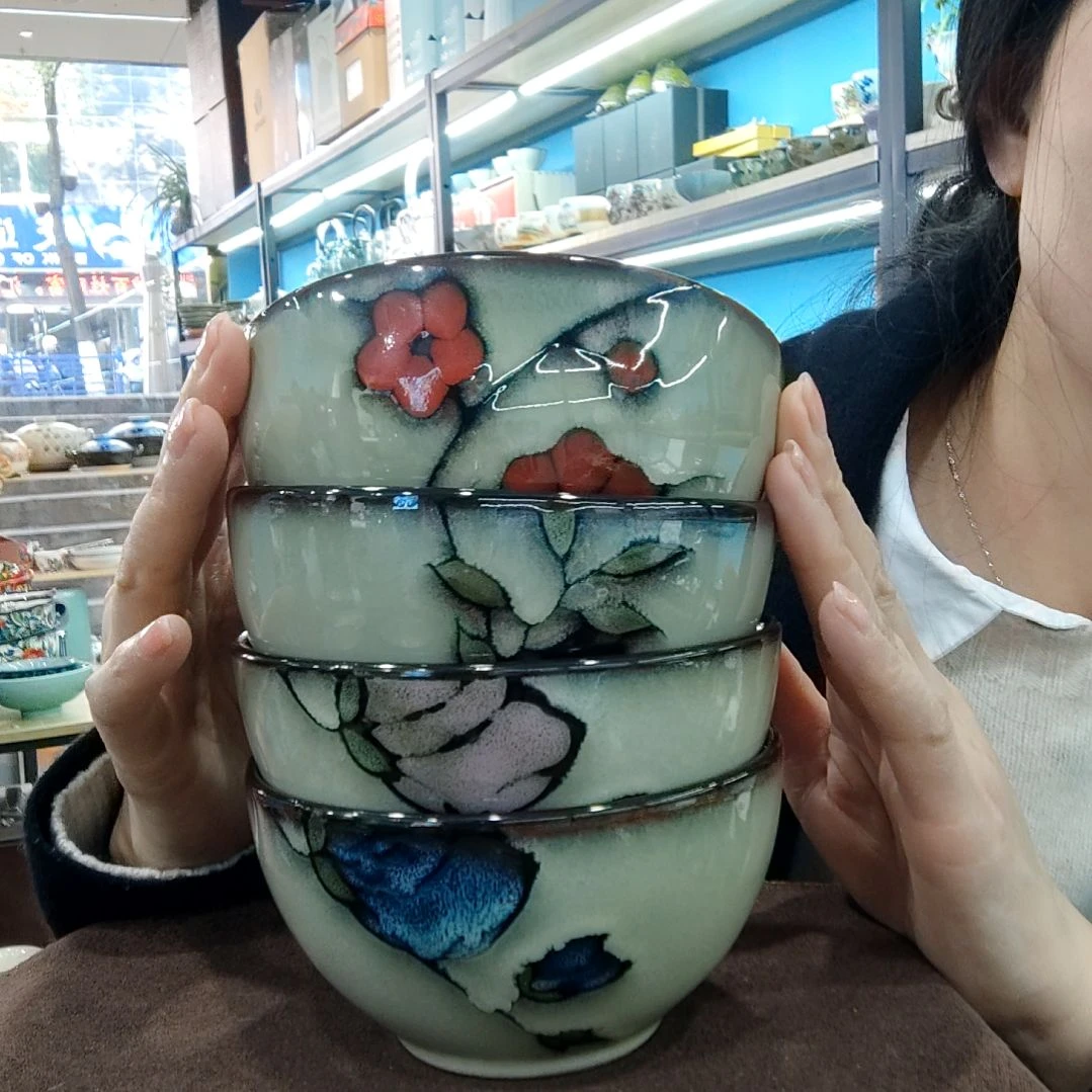 瓷片小可陶瓷高温釉下彩一组四只米饭碗