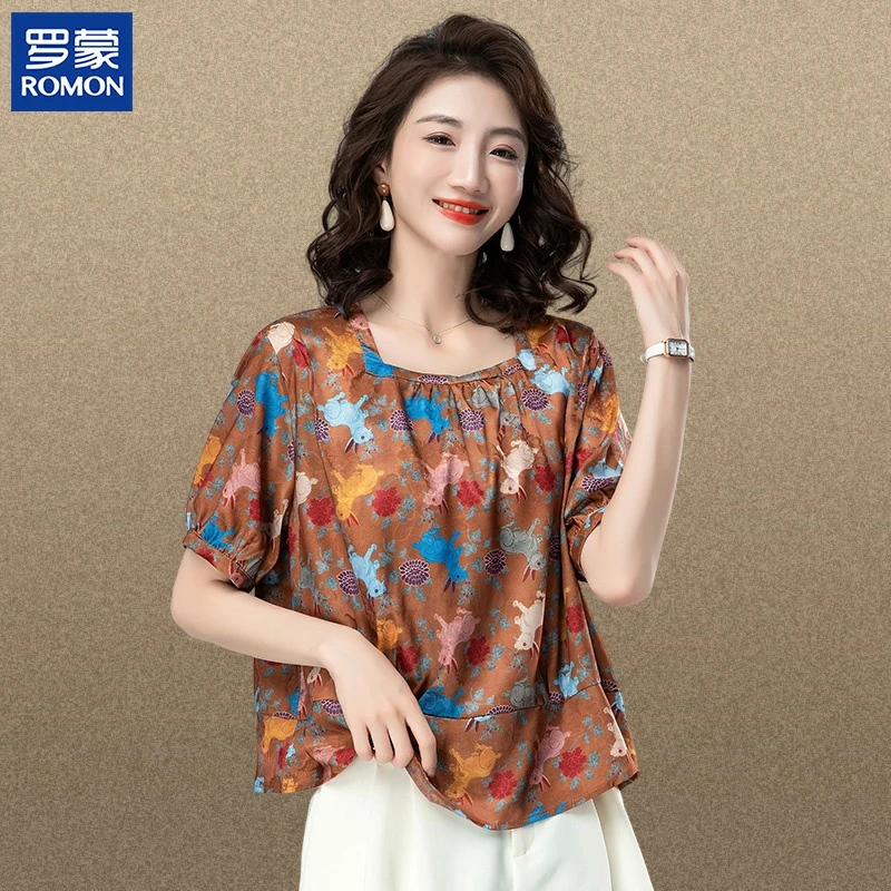 罗蒙妈妈夏季新款女装上衣时尚印花小衫中老年女夏季透气天丝衬衫