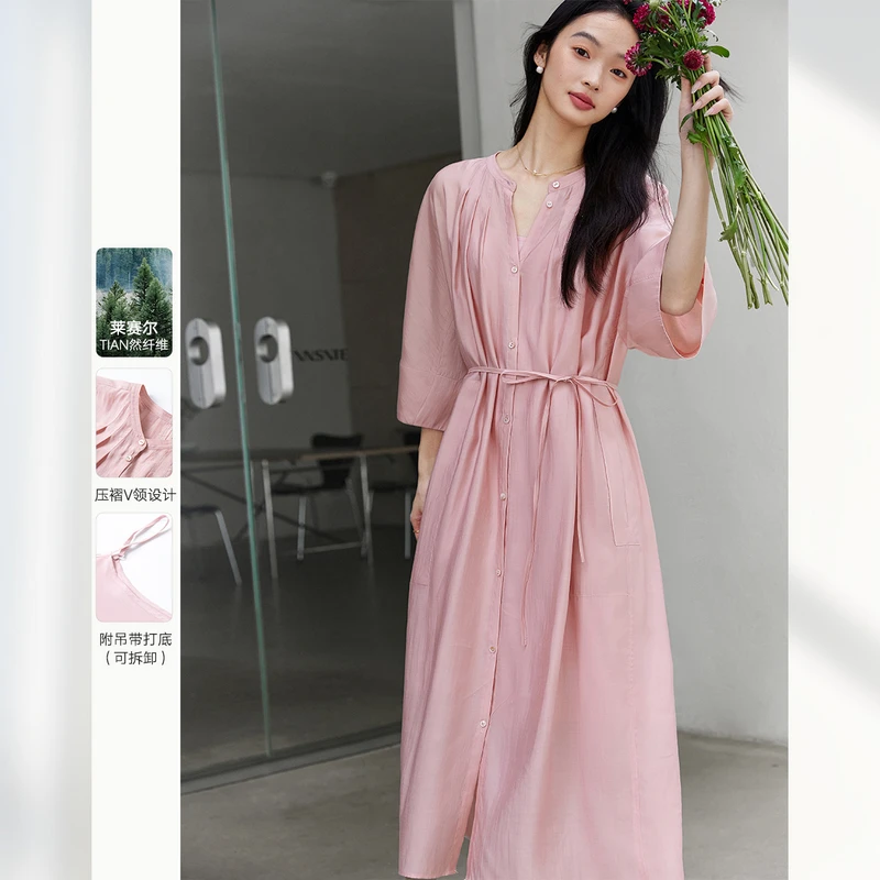 *梵希蔓桃粉色莱赛尔压褶V领连衣裙女春季新款慵懒长袖裙子A0280