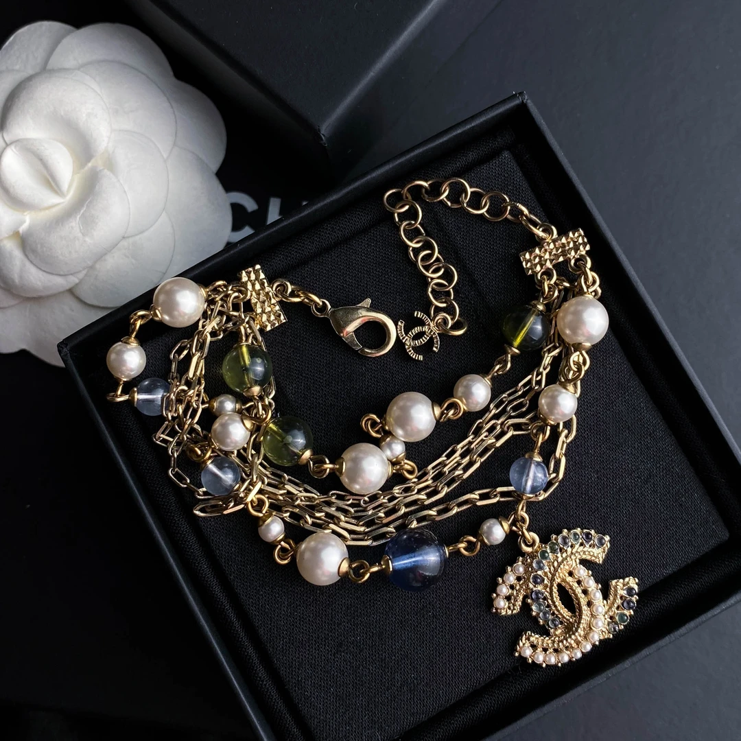 99新 Chanel/香奈儿 FL 双C绿色琉璃珍珠链条手链 S6261