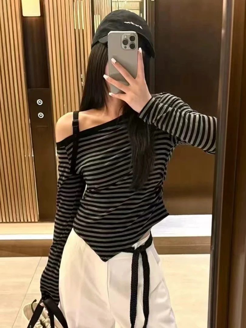 不规则斜领露肩条纹长袖T恤女2025秋季新款美式辣妹修身显瘦上衣