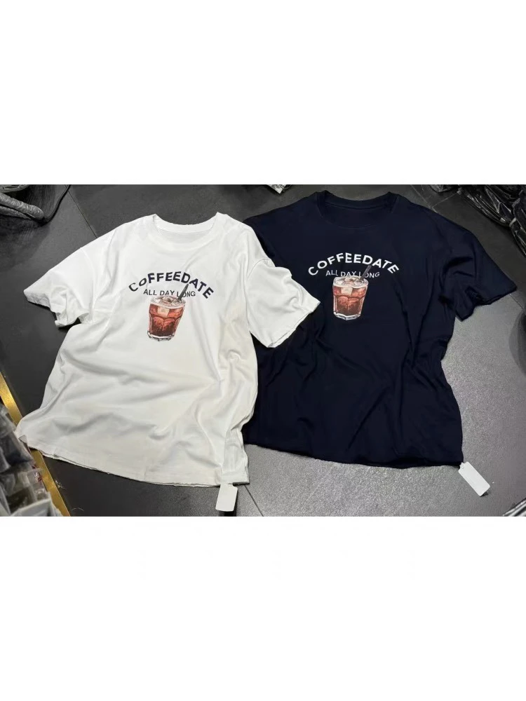 新款欧货韩系显瘦美式咖啡印花圆领短袖t恤女上衣