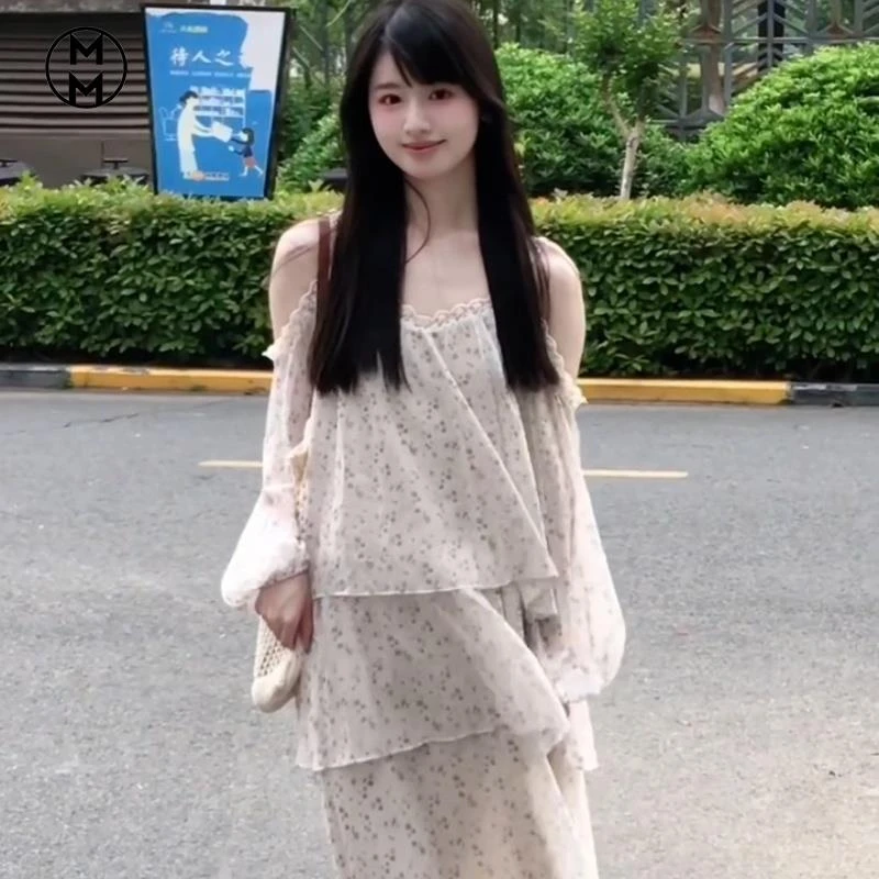 MM法式甜美碎花吊带长袖连衣裙女夏季新款设计感小众显瘦气质长裙