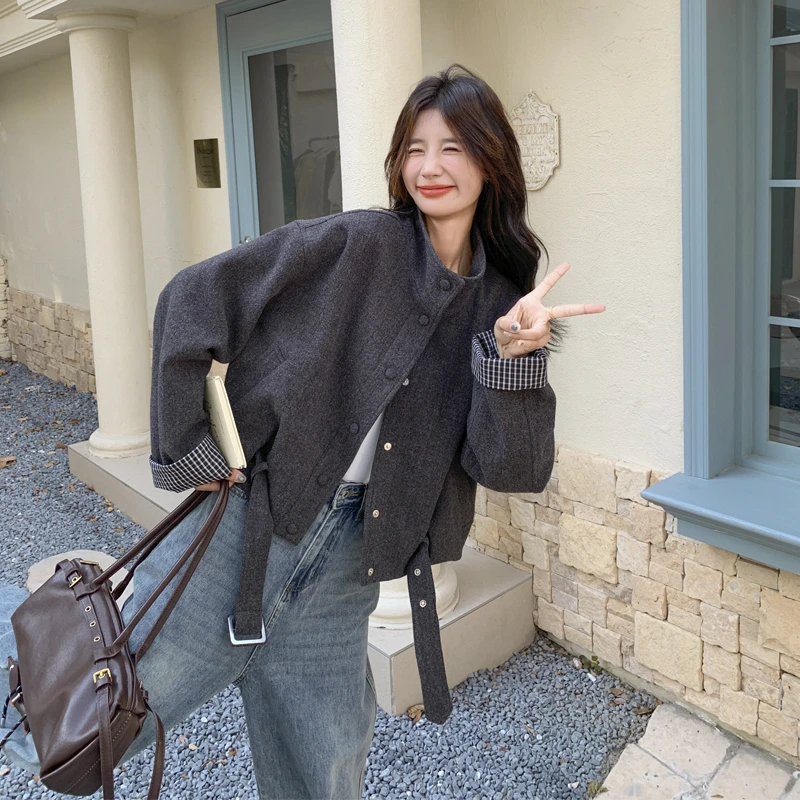 灰色复古立领毛呢外套女2025秋冬格子拼接高级感廓形花苞呢子上衣