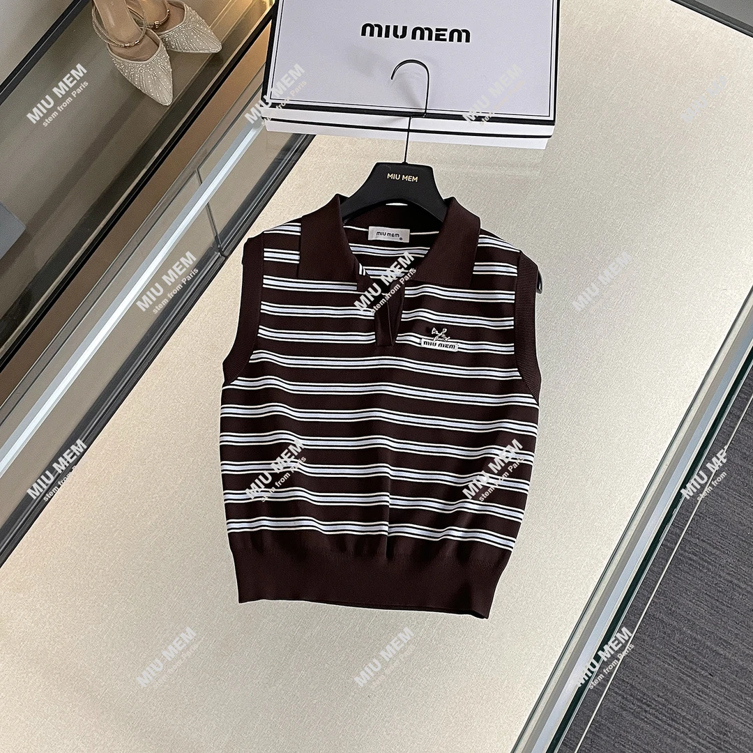 MIUMEM 2025夏新款复古学院风翻领撞色条纹百搭无袖针织衫 DY6977