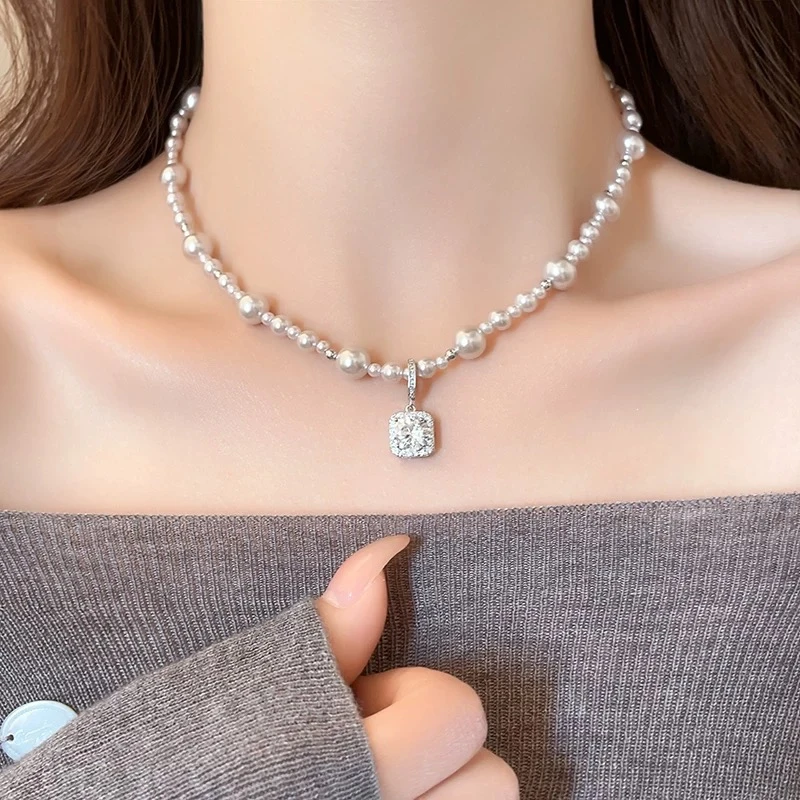 钛钢项链 温柔玫瑰方糖珠珠项链新款锁骨链颈链配饰F2261