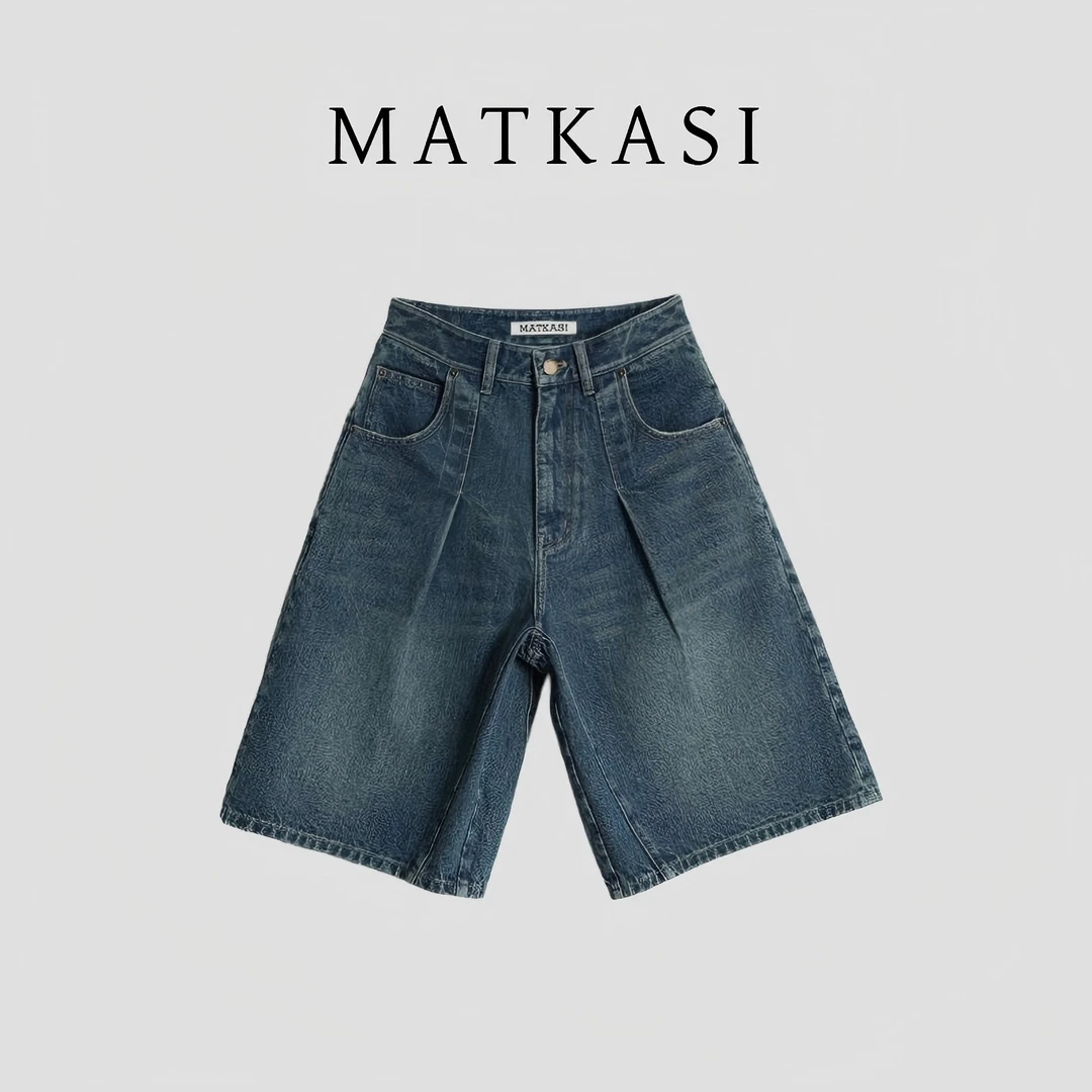 MATKASI 韩系GIRL复古风高腰宽松直筒牛仔短裤