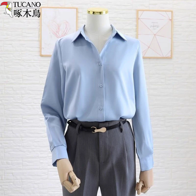TUCANO/啄木鳥长袖垂感免烫缎面蓝色衬衫女春秋新款宽松显瘦上衣