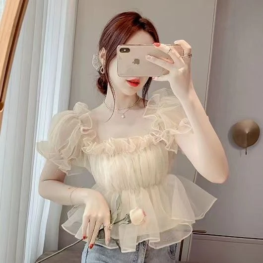 法式洋气新款雪纺衫甜美元素上衣夏季设计感泡泡袖性感辣妹风小衫