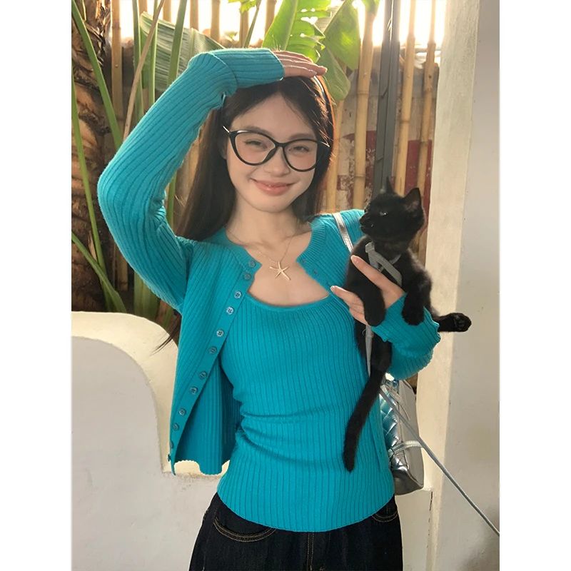 宋正恩孔雀蓝薄款防晒针织开衫女纯色两件套短款外套上衣AA68917