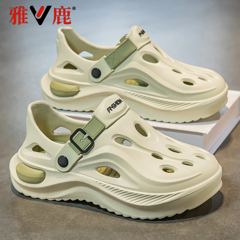 雅鹿洞洞鞋男款夏季外穿防滑包头运动拖鞋开车软底踩屎感沙滩凉鞋