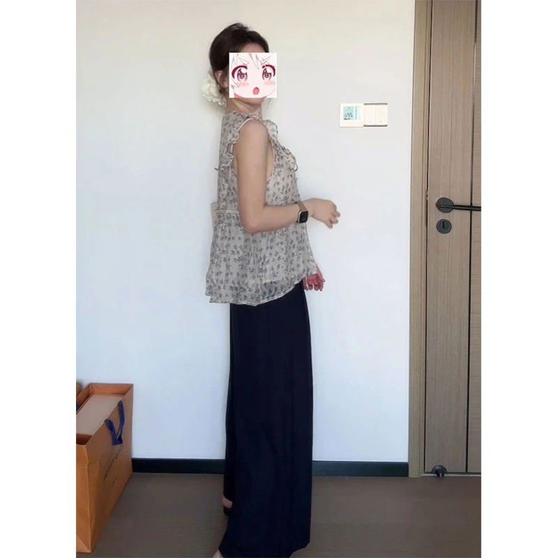 简约韩版甜美时尚气质个性套装夏季花边飞袖上衣直筒休闲裤子穿搭