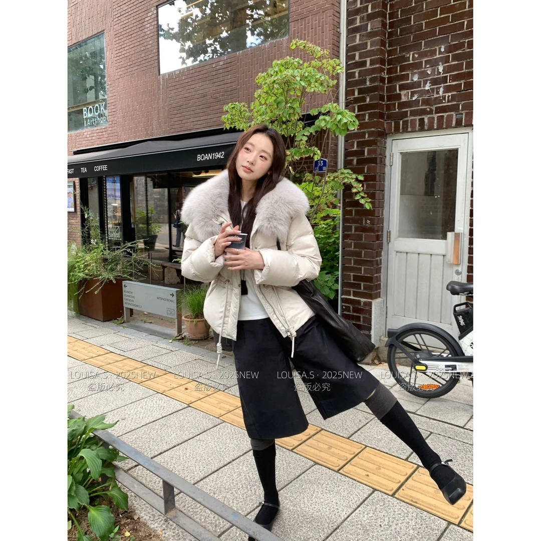 鑫燃KIKi 90白鸭绒狐狸毛领抽绳收腰羽绒服 28219  OBT