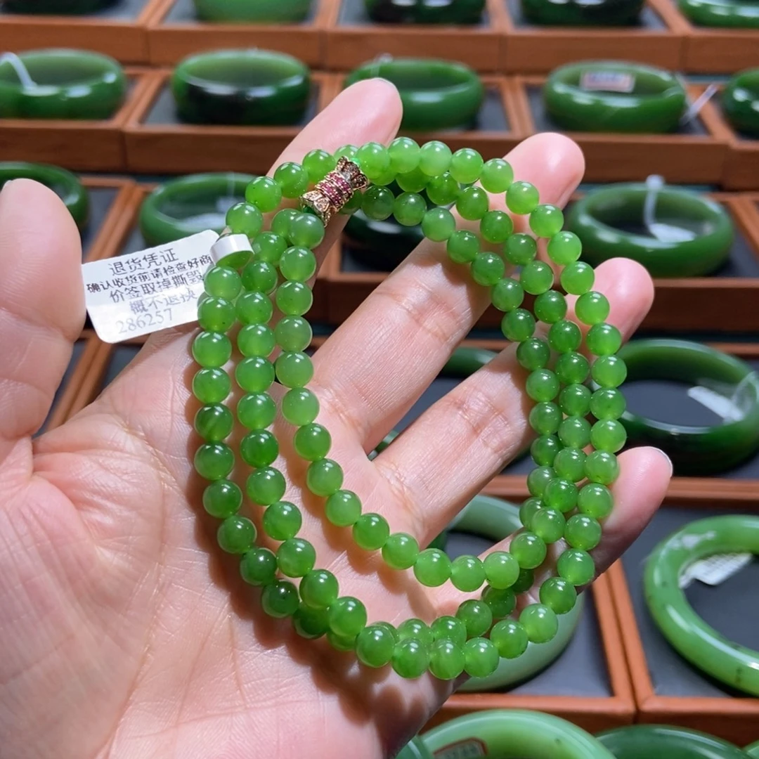 和田玉未镶嵌项链阳绿108颗卡6