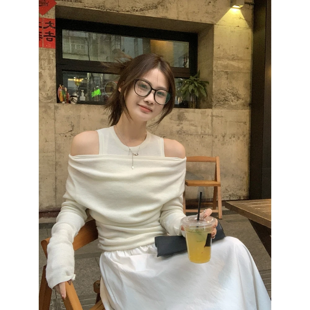 现货【48小时】小心机纯欲一字肩假两件针织上衣女2025早春露肩T恤