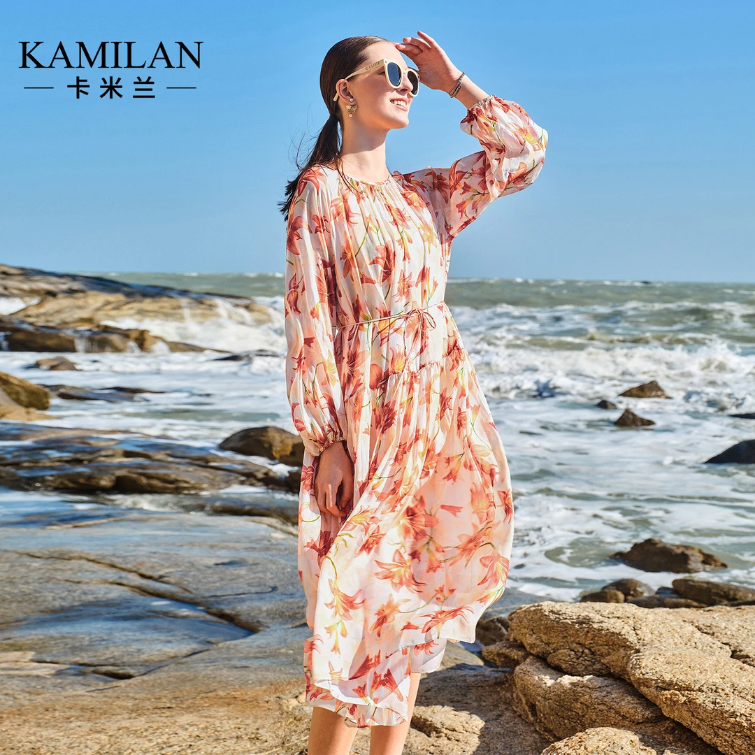 [100桑蚕丝]卡米兰海边度假真丝连衣裙女2025春夏新款印花中长裙