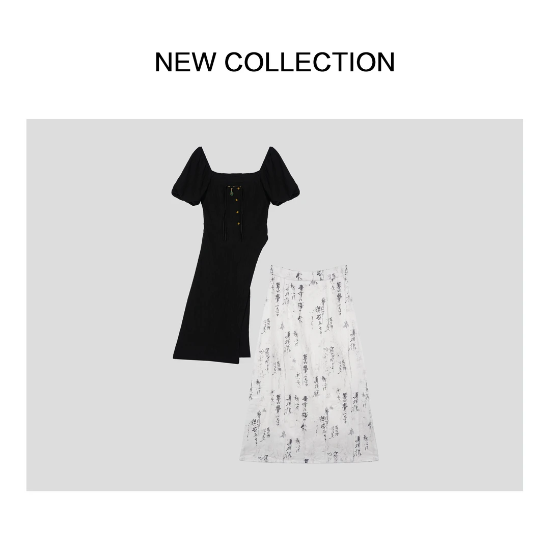 【小依专享】D3F28081 时尚黑色泡泡袖上衣与白色长裙两件套-8081