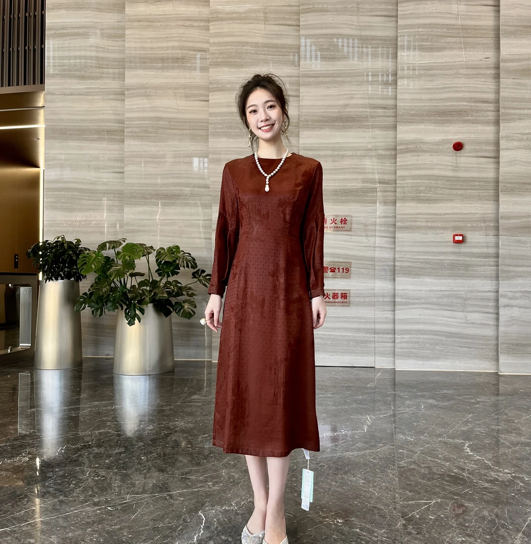 FSSIA琉璃｜红云纱莨纱萝100桑蚕丝圆领长袖收腰旗袍连衣裙MG8805