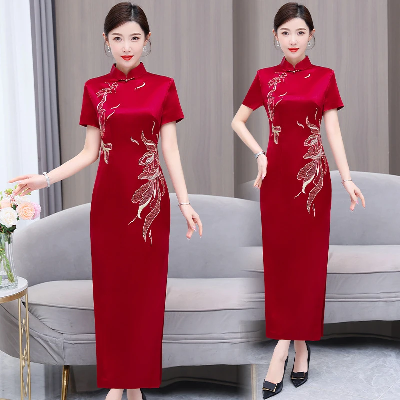 喜婆婆装大红色刺绣旗袍礼服裙春夏新款妈妈装气质优雅连衣裙