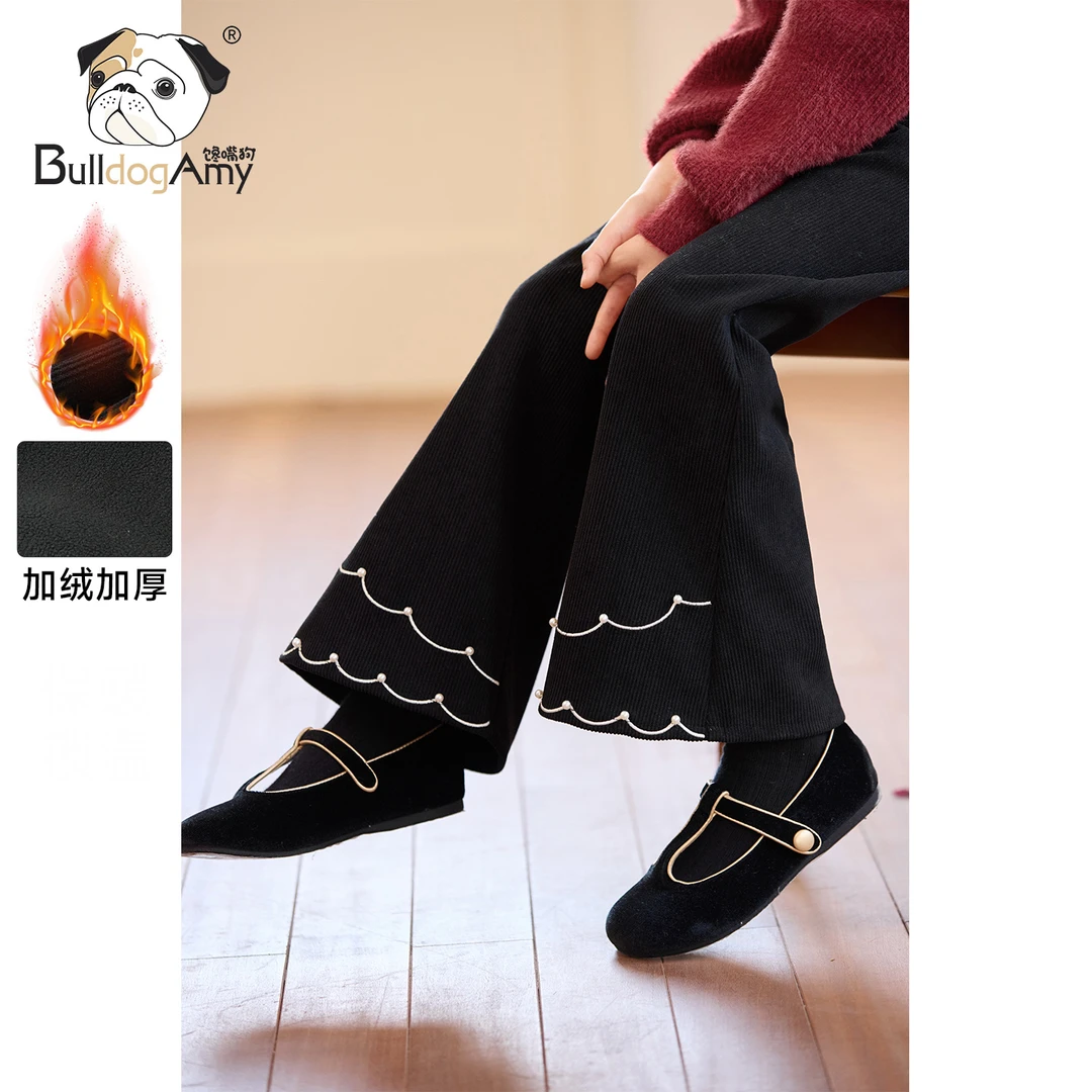馋嘴狗童装女童灯芯绒绣花喇叭裤2025秋冬新款儿童加绒保暖长裤子