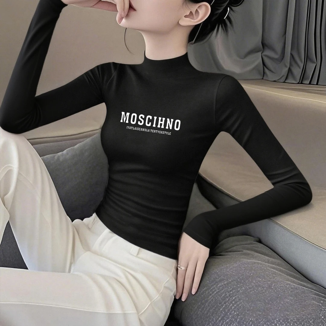 黑色莫代尔半高领打底衫女内搭高级感秋冬季印花洋气百搭长袖上衣