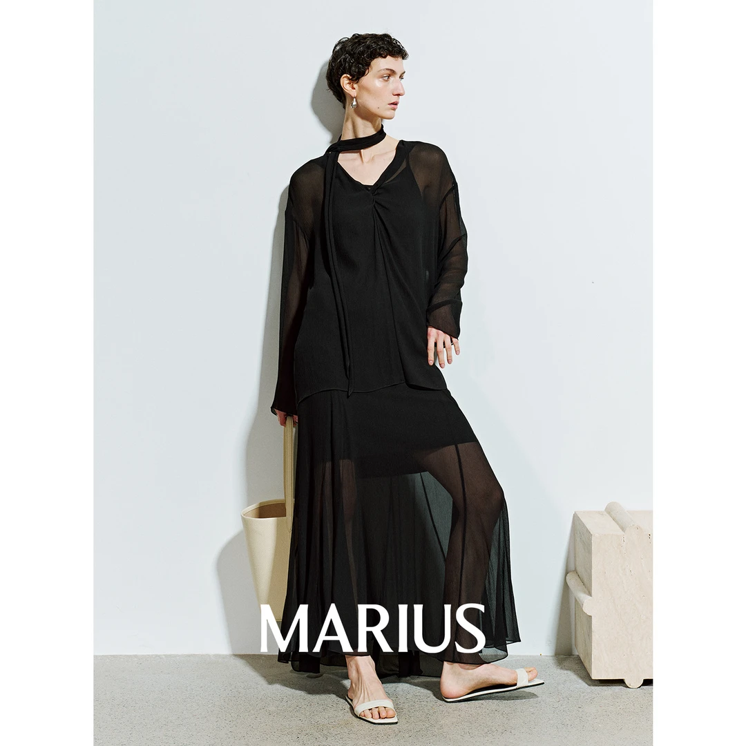 MARIUS “缥缈套”法式夏日空灵浪漫真丝顺纡绉宽松v领衬衫半身裙