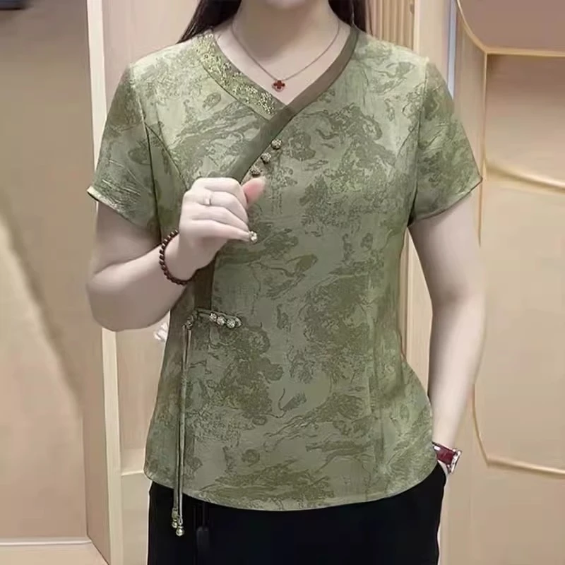 复古中式国风盘扣印花夏装女上衣高贵夫人T短袖刺绣乡88059小衫