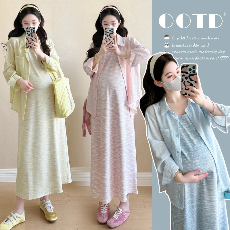 孕妇套装夏装2025新款扎染防晒衬衫背心裙子显瘦宽松夏季两件套装
