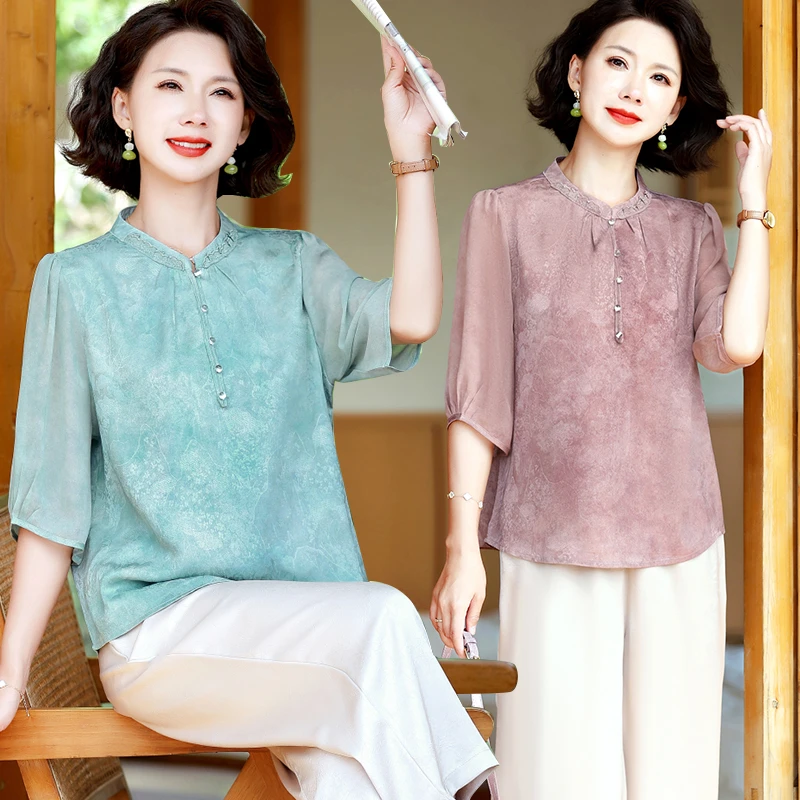 妈妈夏装T恤小衫2025新款中老年女宽松清透短袖洋气上衣两件套装