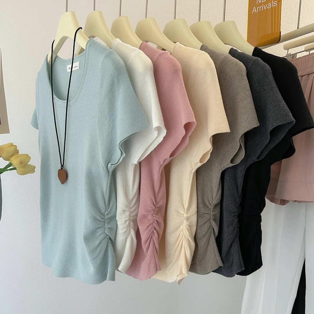 韩版显瘦薄款U领针织衫气质短袖T恤女夏简约休闲宽松百搭收腰上衣