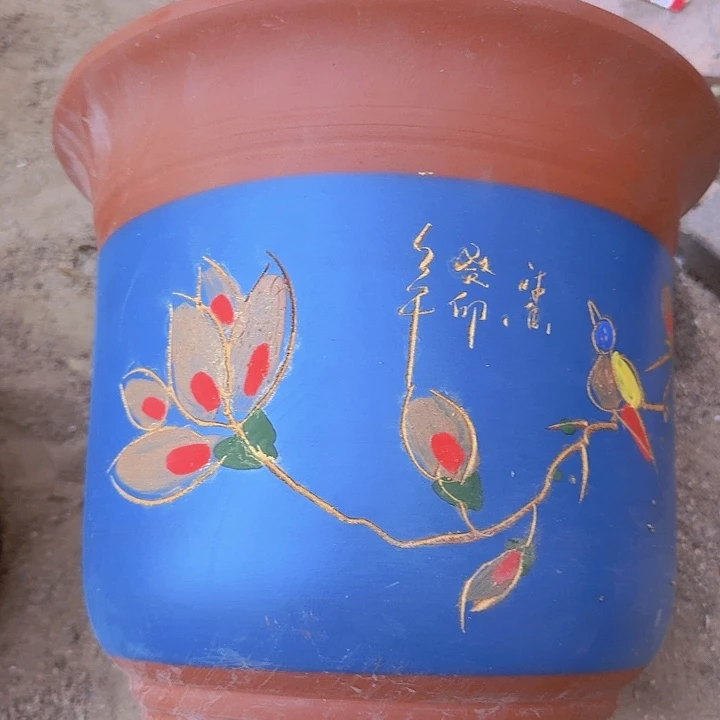 紫砂30彩绘金钟花盆佳品