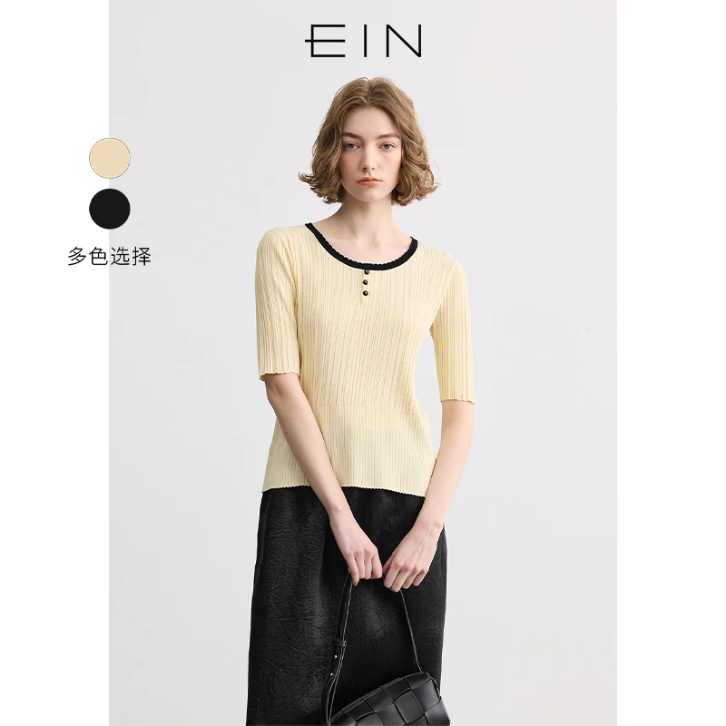 EIN/言简约文艺撞色花边钩织圆领五分袖针织衫上衣女2025春夏新款