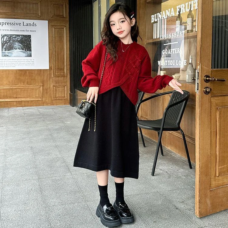 女童冬季连衣裙套装2025新款女大童中国红毛衣背心裙两件套拜年服