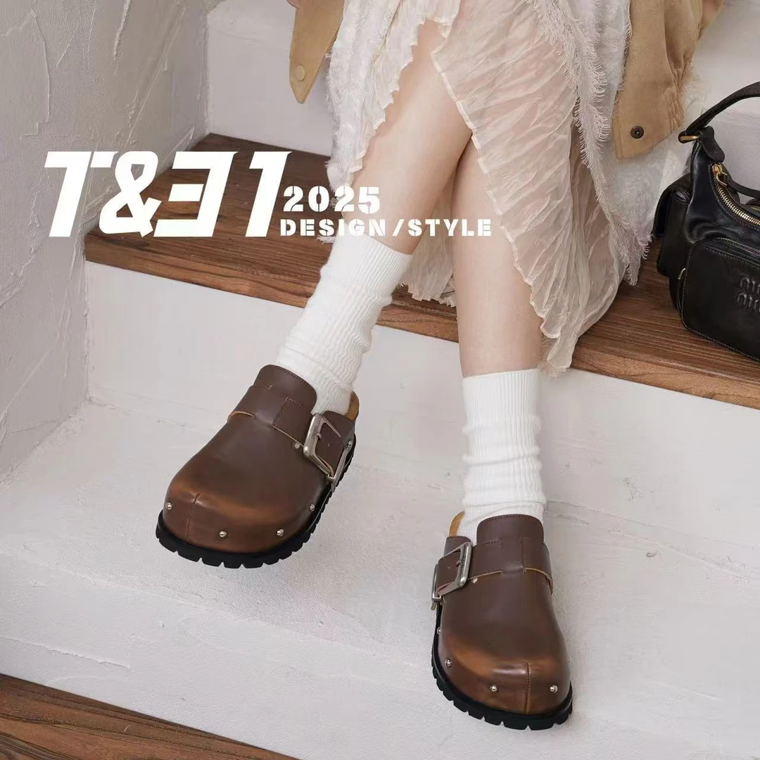 T31女鞋2025秋季新款真皮厚底包头拖鞋百搭铆钉休闲暴走勃肯鞋女