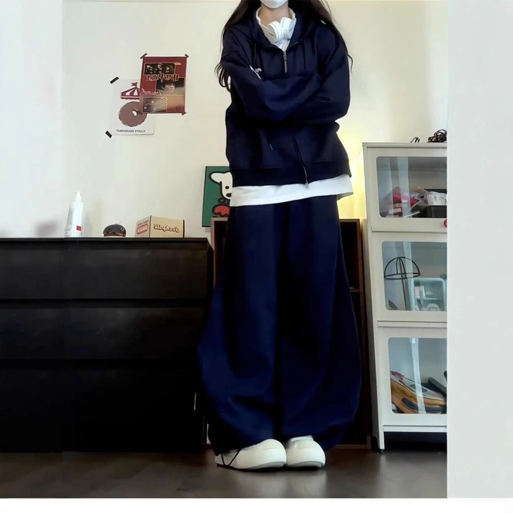 秋冬藏青色休闲套装女款连帽拉链卫衣韩系宽松长裤时尚运动两件套
