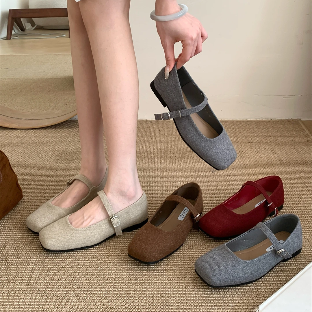 软底版~复古灰色平底浅口单鞋女春秋法式温柔毛呢一字带玛丽珍鞋