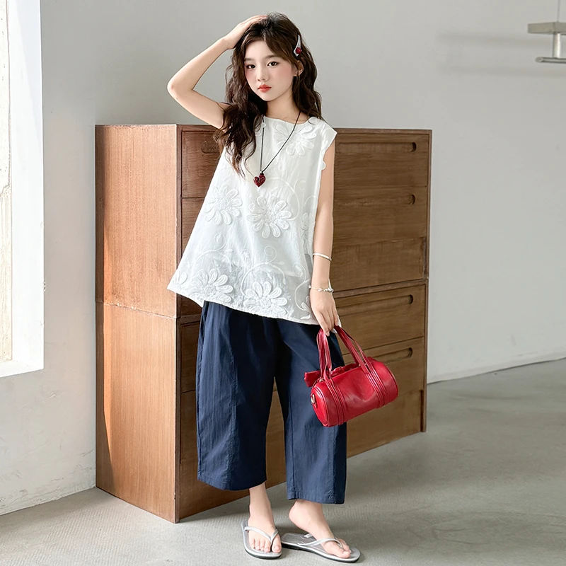 女童夏装套装2025新款儿童洋气时髦女中大童夏季无袖背心阔腿裤潮