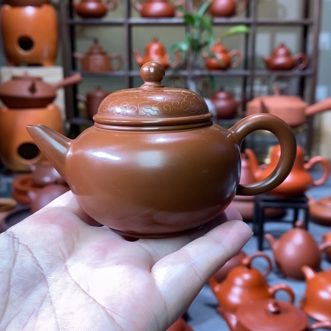 紫砂茶壶吴翰石矿朱泥刻绘水平壶90cc