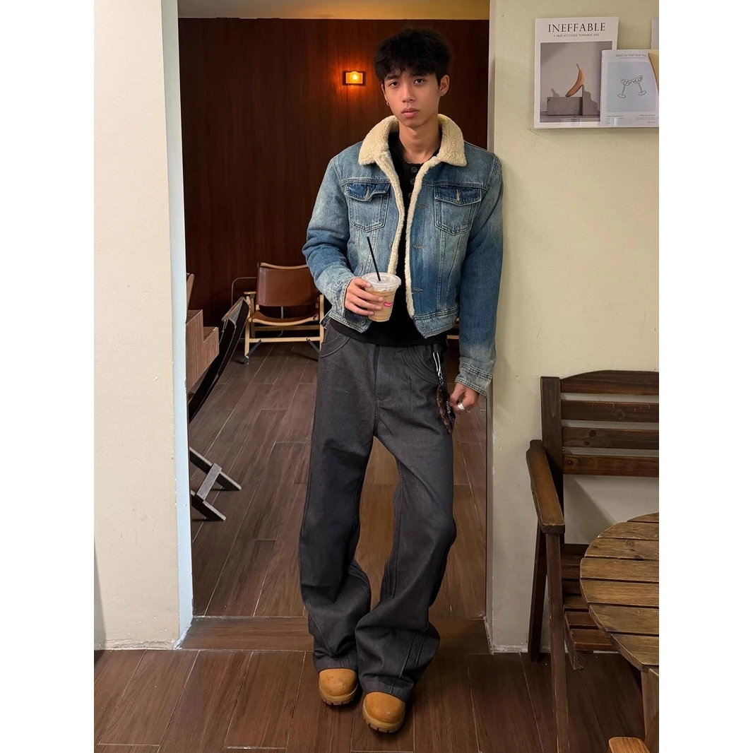 蓝色翻领羊羔绒牛仔外套男秋冬季加绒加厚工装夹克美式复古棉衣