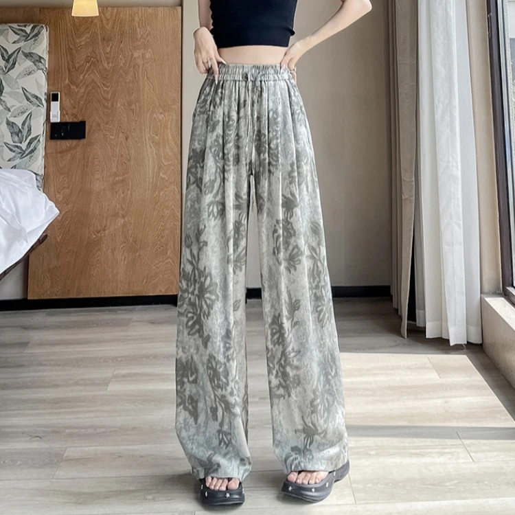 复古印花棉麻阔腿裤女夏季薄款高腰垂感休闲裤设计感慵懒风拖地裤