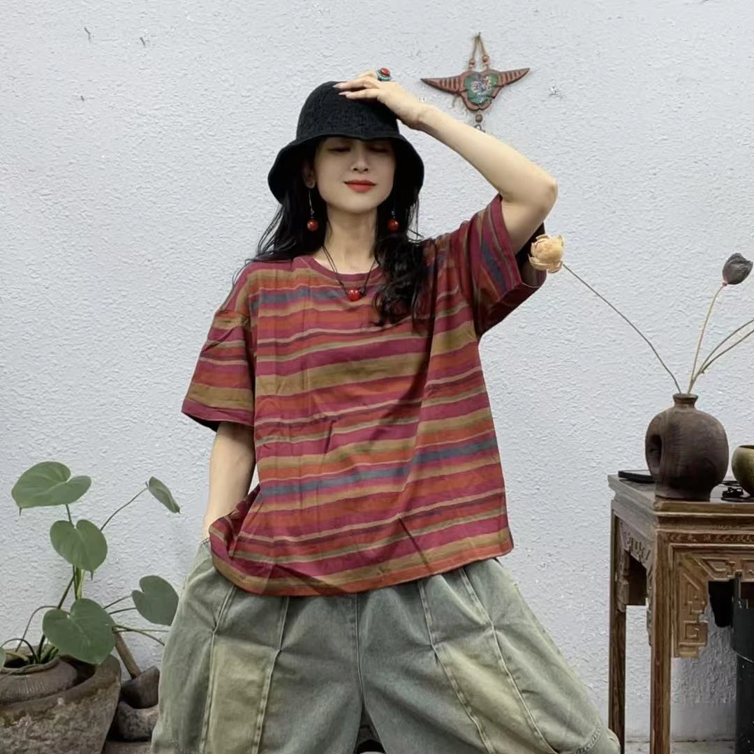 2510-2做旧横彩条纹圆领上衣（长60胸围124