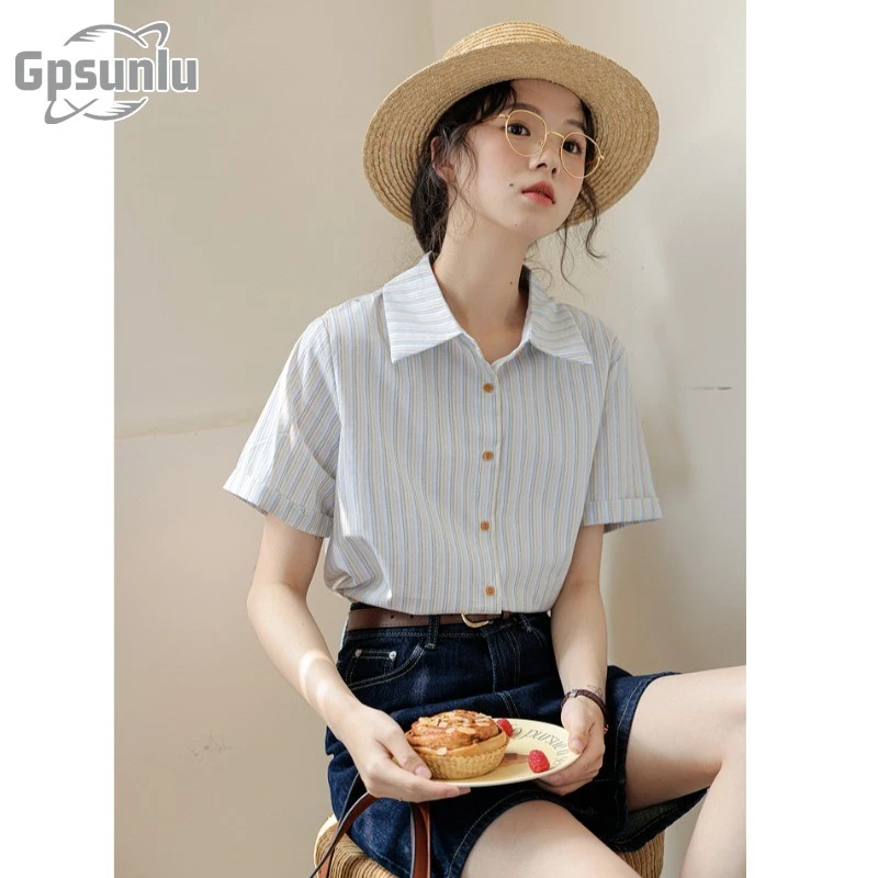 gpsunlu复古条纹短袖衬衫女夏季款韩系风韩系文艺风条纹短袖衬衫