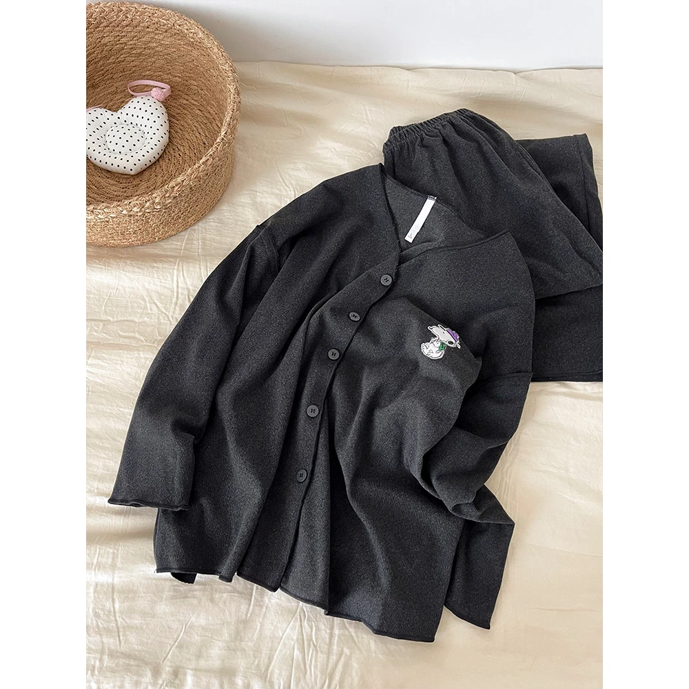 韩版纯欲休闲风保暖舒适开衫深灰德绒大码睡衣女秋冬长袖长裤套装