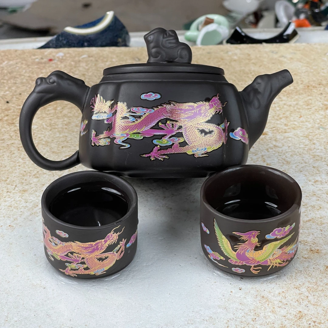 【闪购商品】新龙凤呈祥深井老紫泥四方壶（紫气东来款 送2杯）