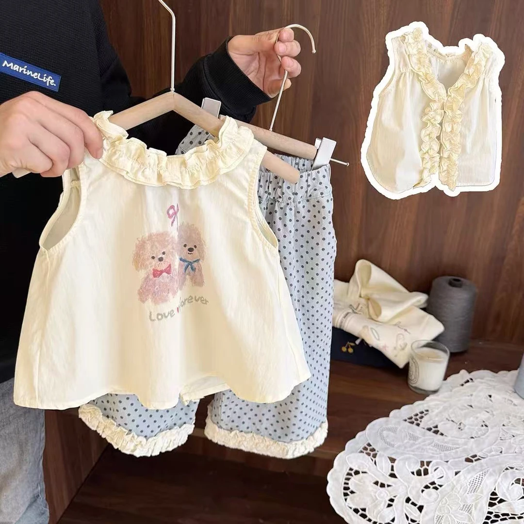 女宝宝洋气短款裙衫背心上衣夏季外穿女童凉感水洗棉娃娃衫套装