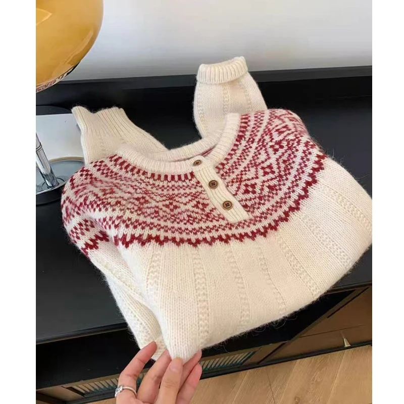 韩系费尔岛加厚圆领针织衫毛衣气质简约针织衫女