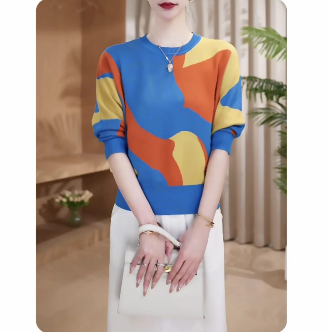 时尚拼色提花设计圆领长袖针织衫秋季洋气打底衫