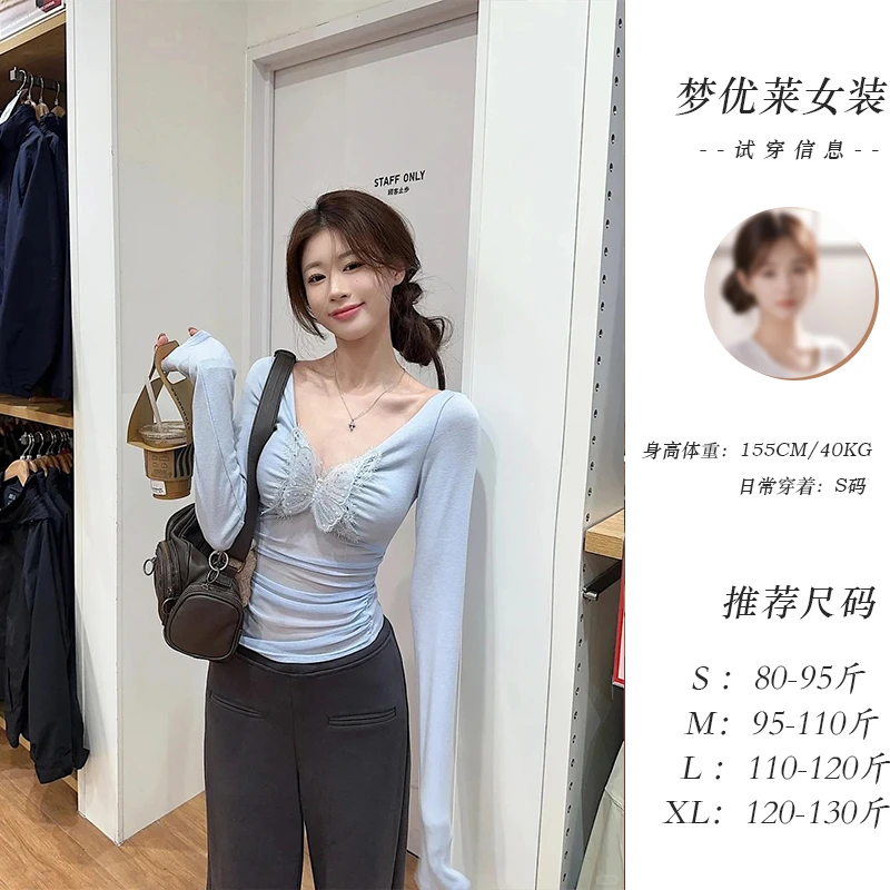 梦优莱独特漂亮V领蝴蝶结薄款长袖t恤女夏季新款褶皱收腰显瘦上衣